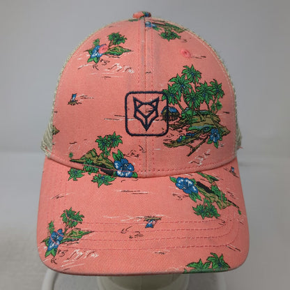Fox Trucker Hat Pink Beige One Size Tropical Island Palm Tree Print Mesh Back