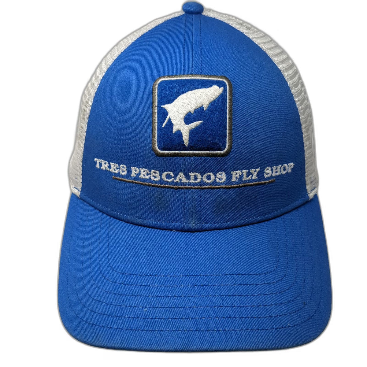 Simms Trucker Hat Blue White OSFM Tres Pescados Fly Shop Mesh Fishing Snapback