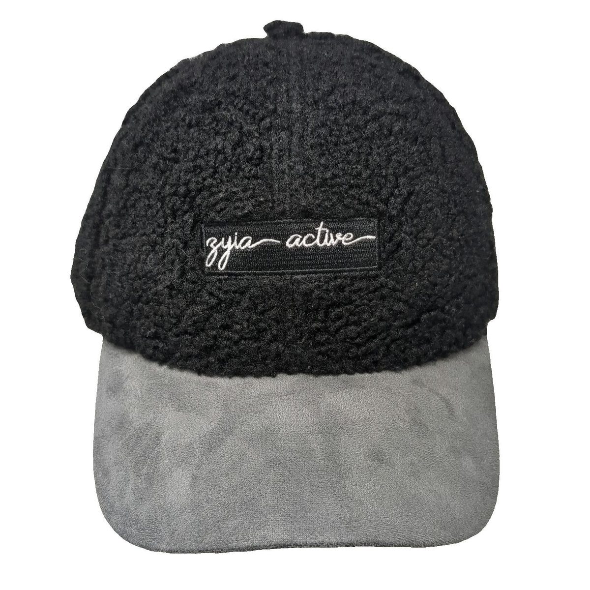 Zyia Active Baseball Cap Black Gray One Size Sherpa Fleece Faux Suede Patch Hat