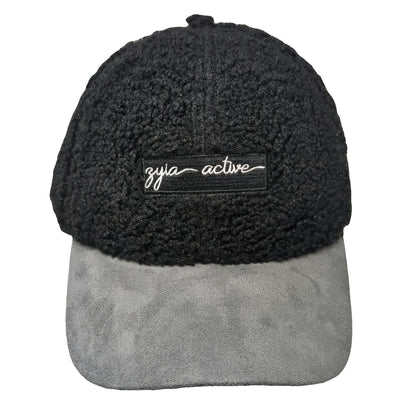 Zyia Active Baseball Cap Black Gray One Size Sherpa Fleece Faux Suede Patch Hat