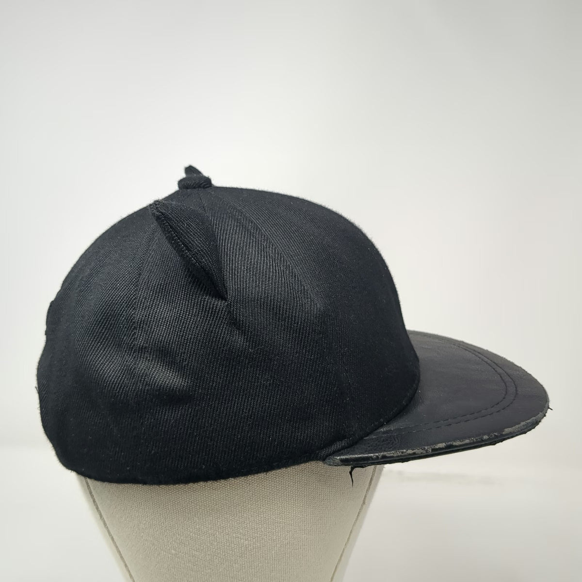 H&M Snapback Hat Black One Size Cat Ears Meow Embroidery Faux Leather Brim