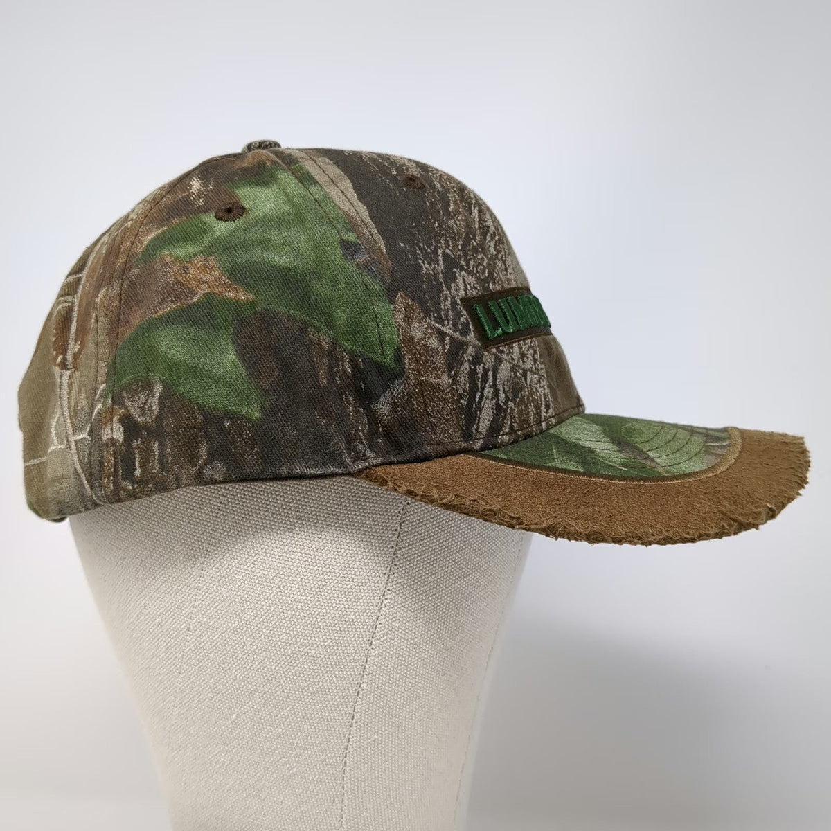 Lumbermens Green Brown One Size Baseball Cap Hat Camo Distressed Frayed Edge