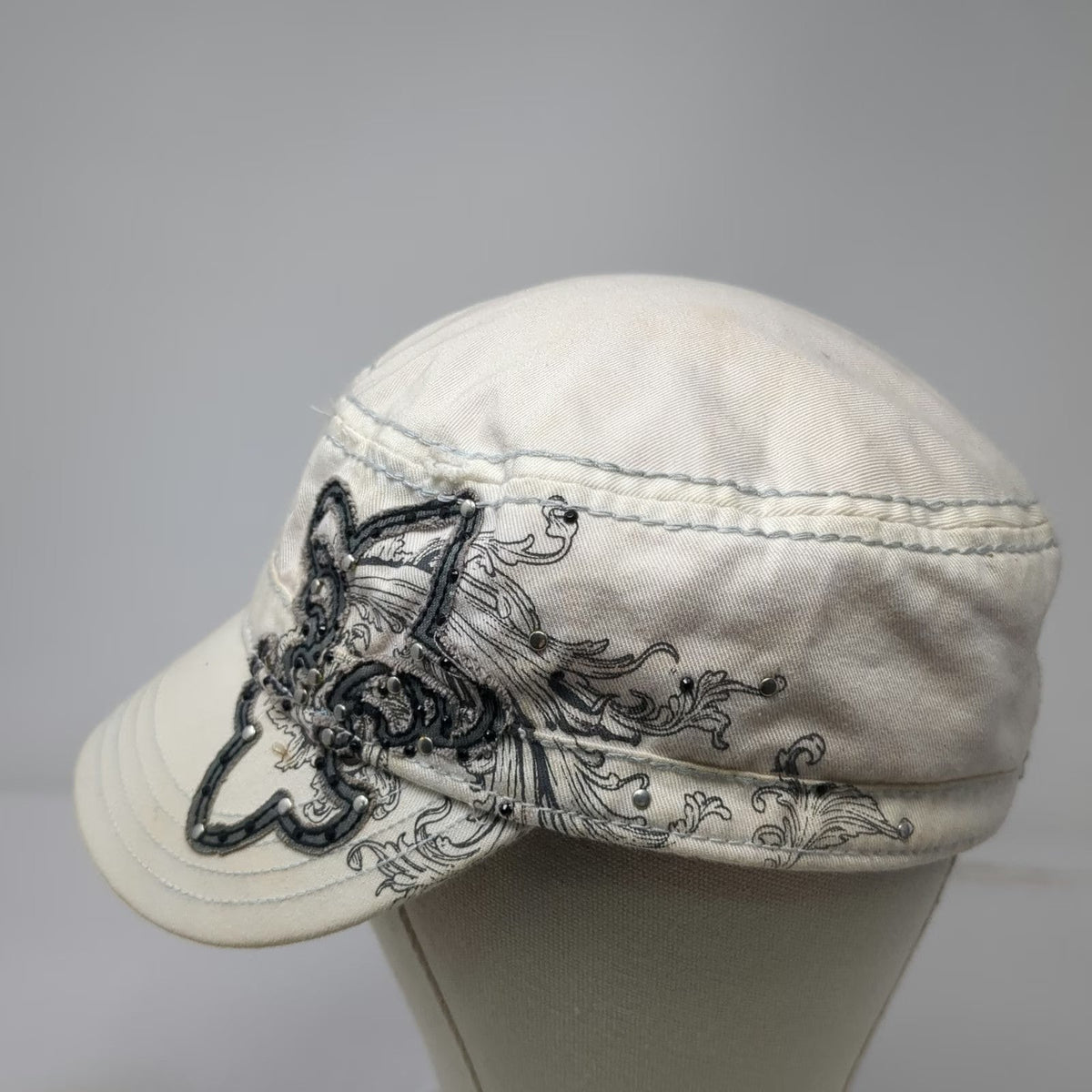 BKE Army Cap White One Size Ornate Graphic Rhinestones Pink Lining Strapback Hat