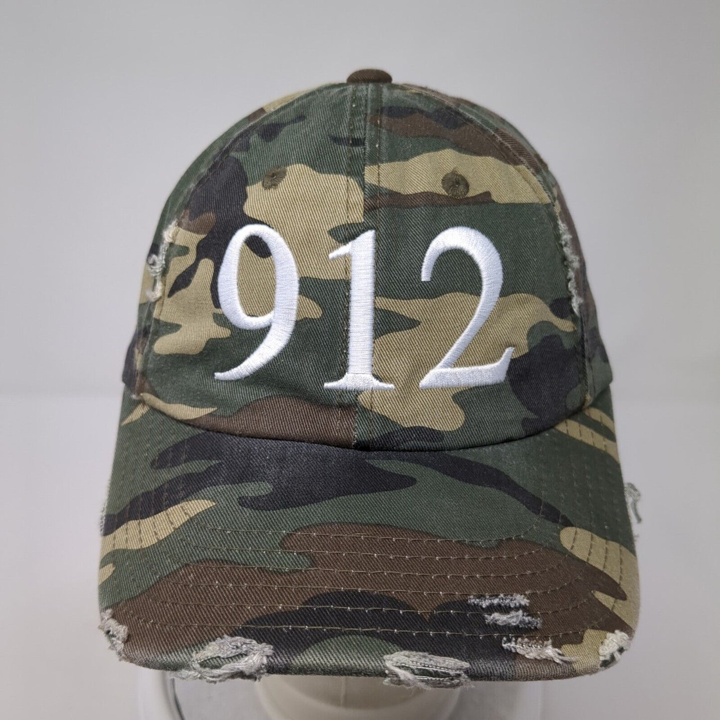 912 Slideback Hat Camouflage One Size Adjustable Embroidered Distressed District