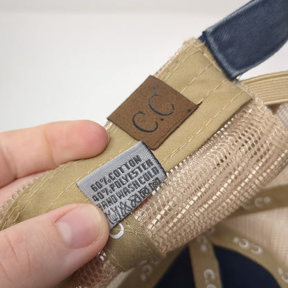 C.C Ponytail Trucker Hat Multicolor One Size Adjustable Distressed Mesh Back