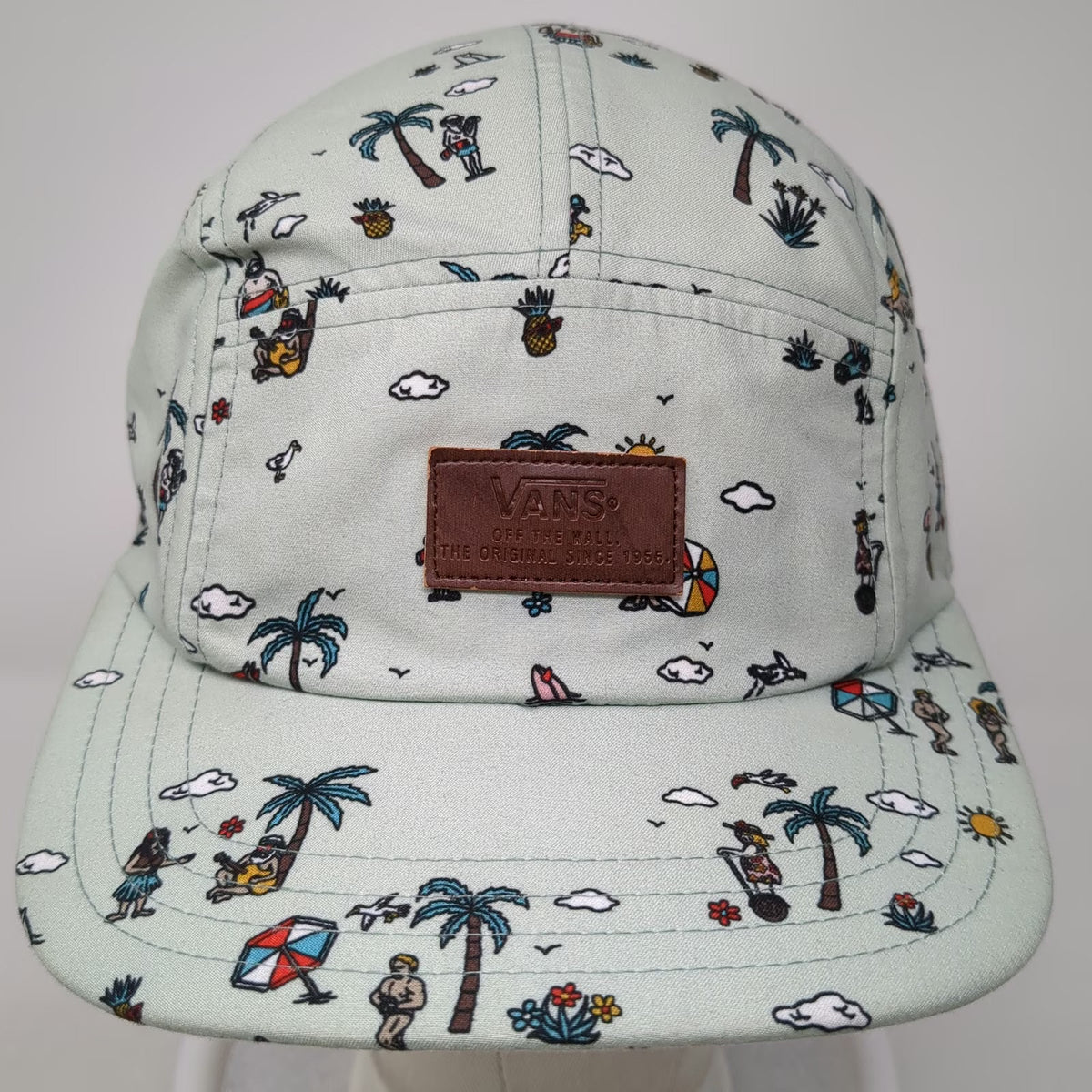 Vans 5 Panel Green Hat One Size Beach Print Palm Tree Strapback Logo Patch