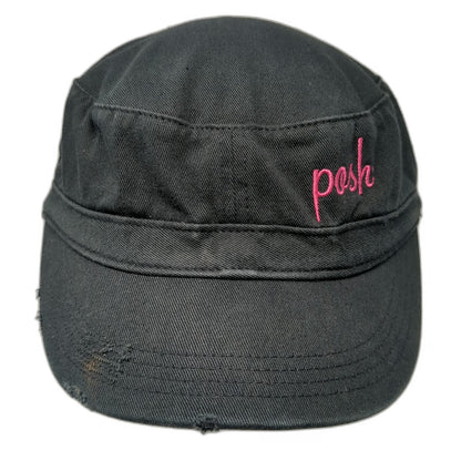 District Army Cap Black One Size Pink Posh Script Embroidery Frayed Edge Hat