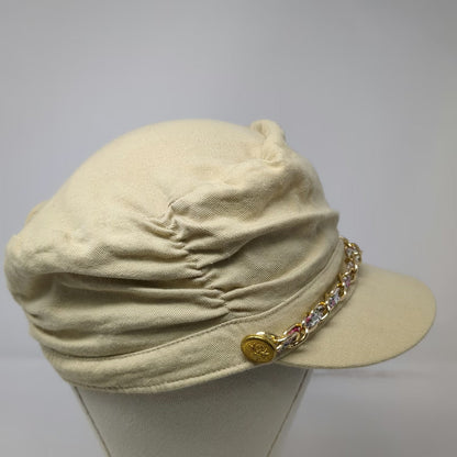 Lake Shore Drive Army Cap Beige One Size Gold Chain Floral Detail Ruched Hat