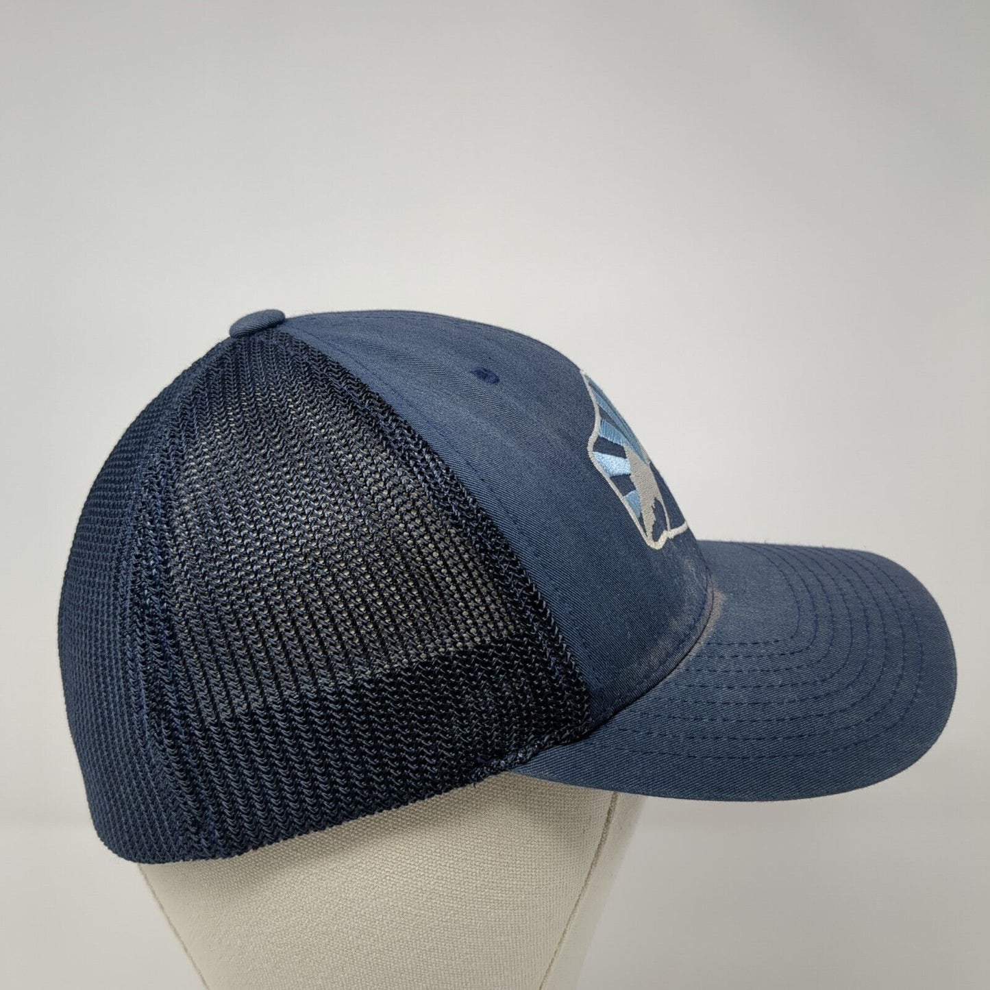 Mountains Fitted Trucker Hat Blue OS Flexfit Mesh Back Embroidered Yupoong