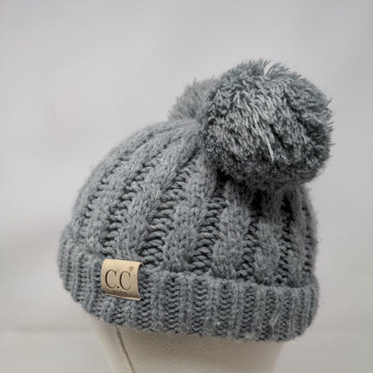 C.C Exclusives Kids Beanie Hat Gray One Size Knitted Stretch Pom Pom Acrylic