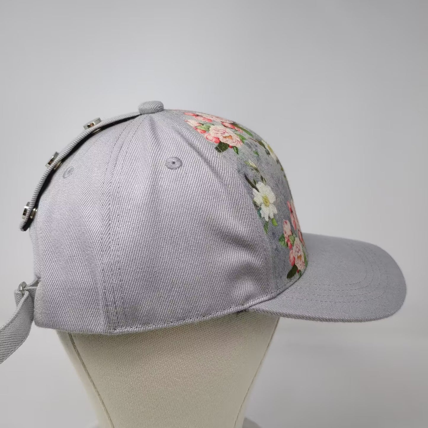 Gray Pink Floral Flower Pattern Studded Back Adjustable Baseball Cap Hat OS