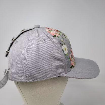 Gray Pink Floral Flower Pattern Studded Back Adjustable Baseball Cap Hat OS