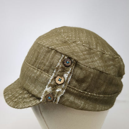 Gypsy & Loic Army Cap Green One Size Up-cycled Cotton Buttons Frayed Elastic Hat