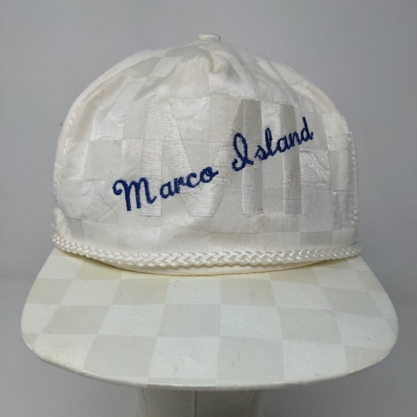 Marco Island Men's Trucker Hat Cream Embroidered Logo Rope Checkered Style