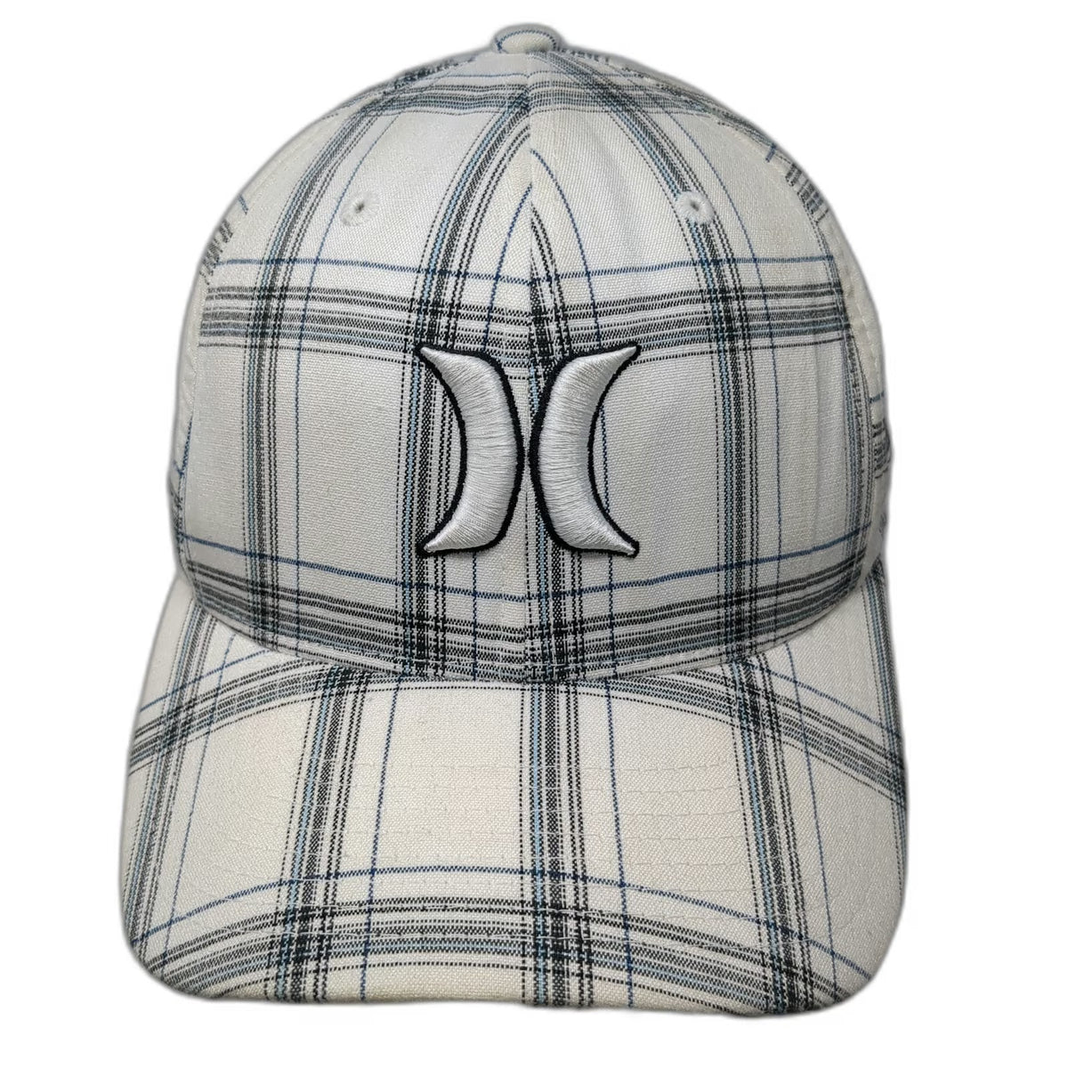 Hurley Plaid Baseball Cap One Size White Blue Black Flexfit Logo Embroidered Hat