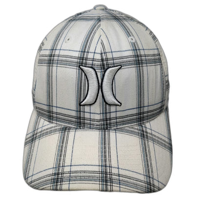 Hurley Plaid Baseball Cap One Size White Blue Black Flexfit Logo Embroidered Hat