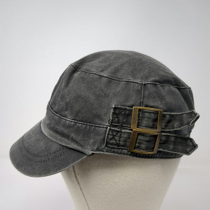 Army Cap Gray One Size Side Buckles Elastic Back Faded Flat Top Cotton Hat