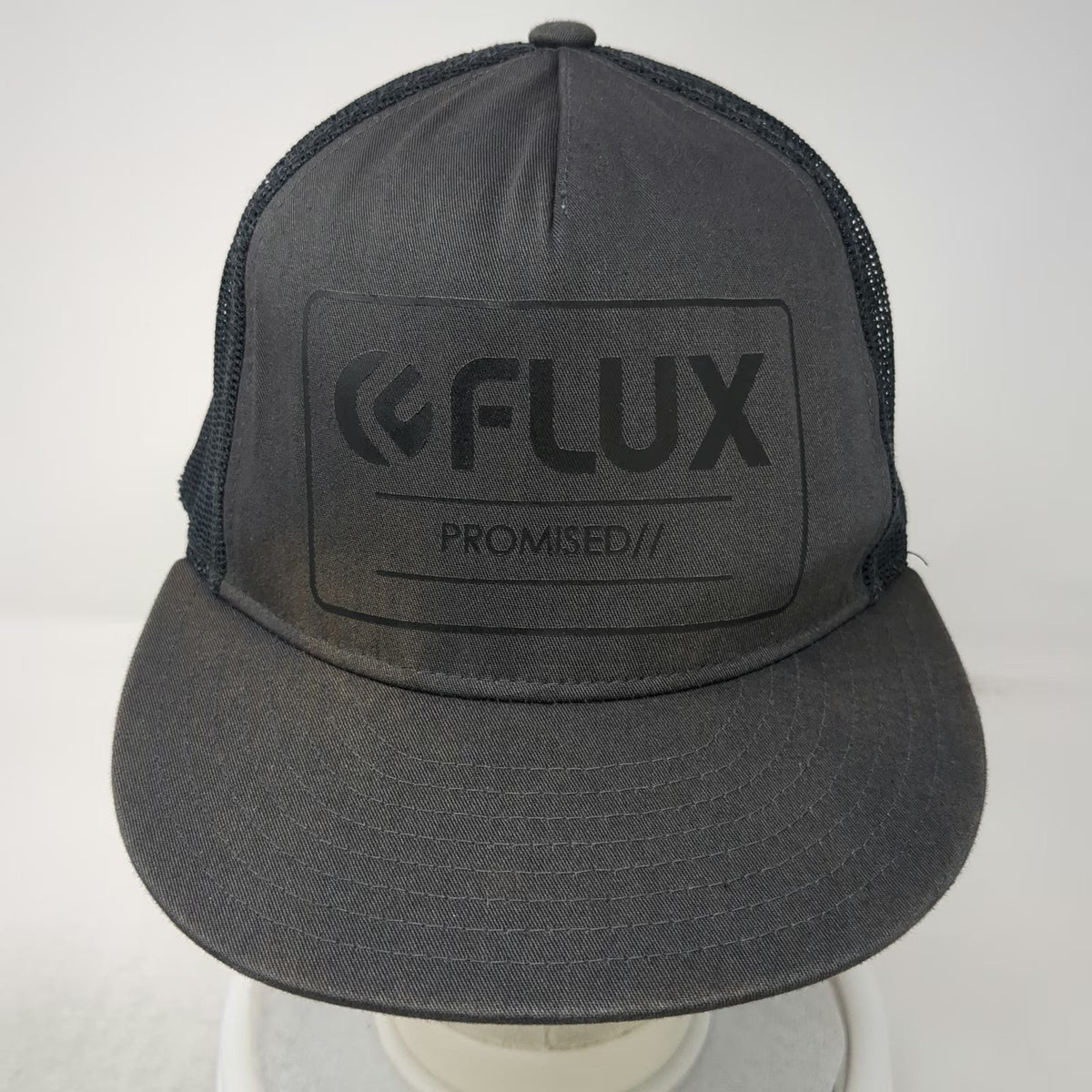 Flux Trucker Hat Gray One Size Promised Logo Flat Brim Mesh Back Snapback Hat