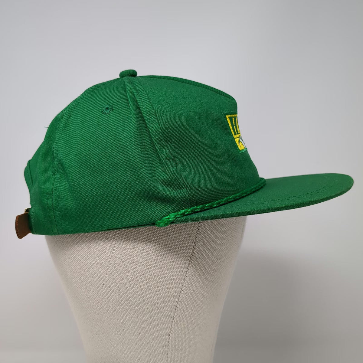 K-Products 5 Panel Green Hat HM Golf Rope Brim Leather Strap Made in USA Vintage