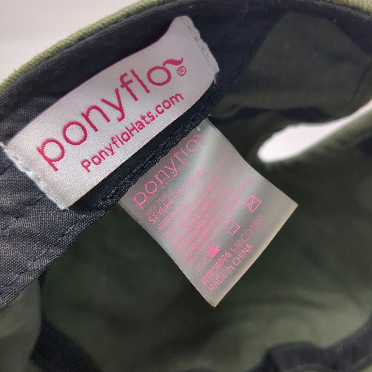 ponyflo Army Cap Green One Size Ponytail Opening Strapback Hat Cotton Washed