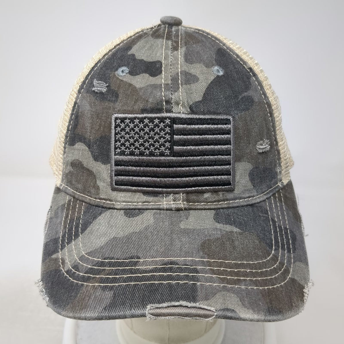 C.C Baseball Cap Gray One Size Distressed Camo American Flag Mesh Adjustable Hat