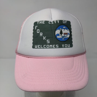 The City of Forks Welcome You Snapback Trucker Hat Pink OS Mesh Back Rope Nissun