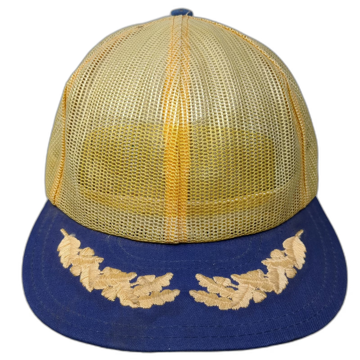 Louisville Mfg Co Trucker Hat Yellow Blue OSFM Scrambled Eggs Oak Leaf Vintage