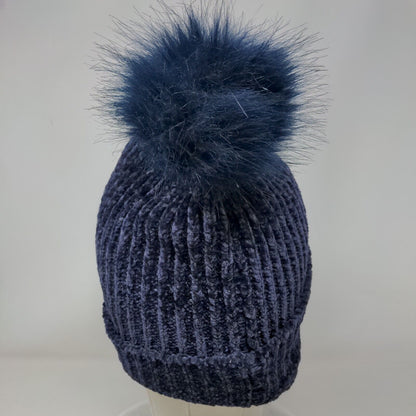 LOFT Beanie Hat Blue One Size Stretch Ribbed Knit Pom Pom Fleece Blank