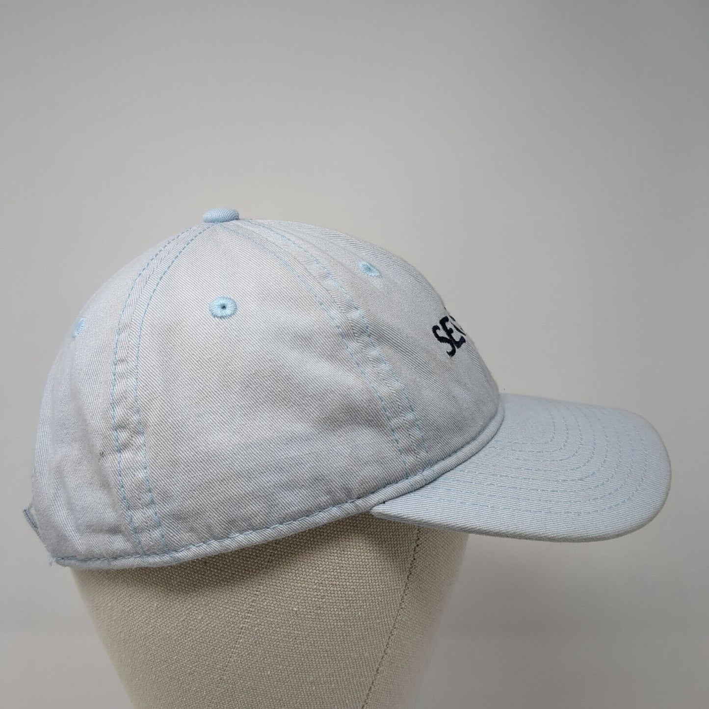 Sea Side Strapback Hat Blue One Size Adjustable Embroidered Vented Holes 6 Panel