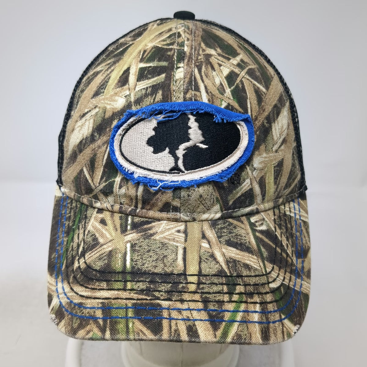 Mossy Oak Baseball Cap Brown Black Blue XL Camo Mesh Back Stretch Fit Hat
