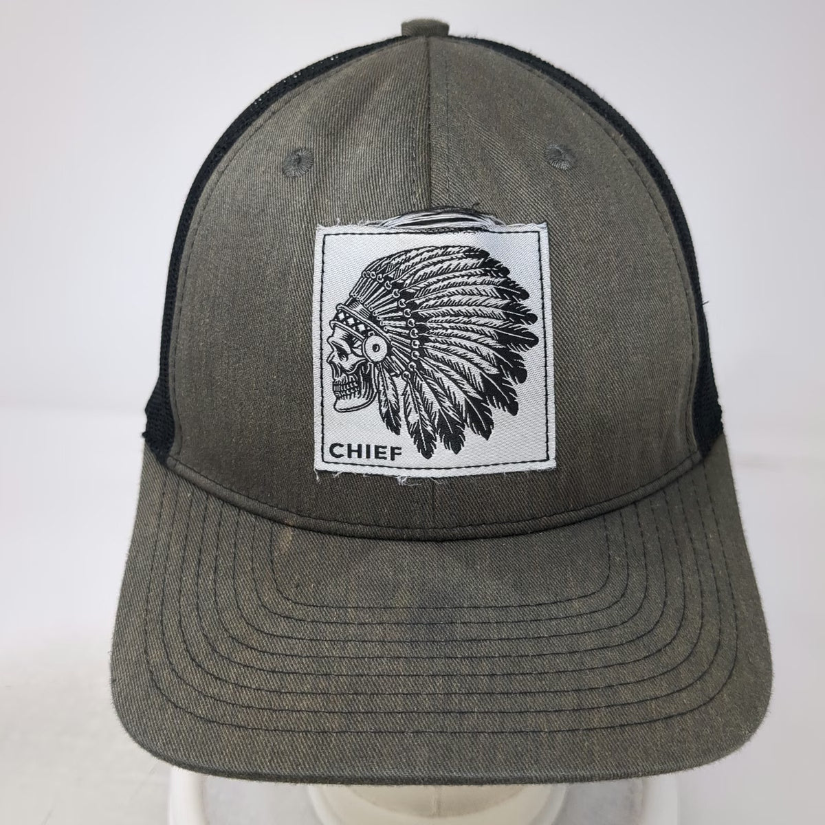 Fierce Headwear Trucker Hat Gray Black One Size Chief Skull War Bonnet Patch