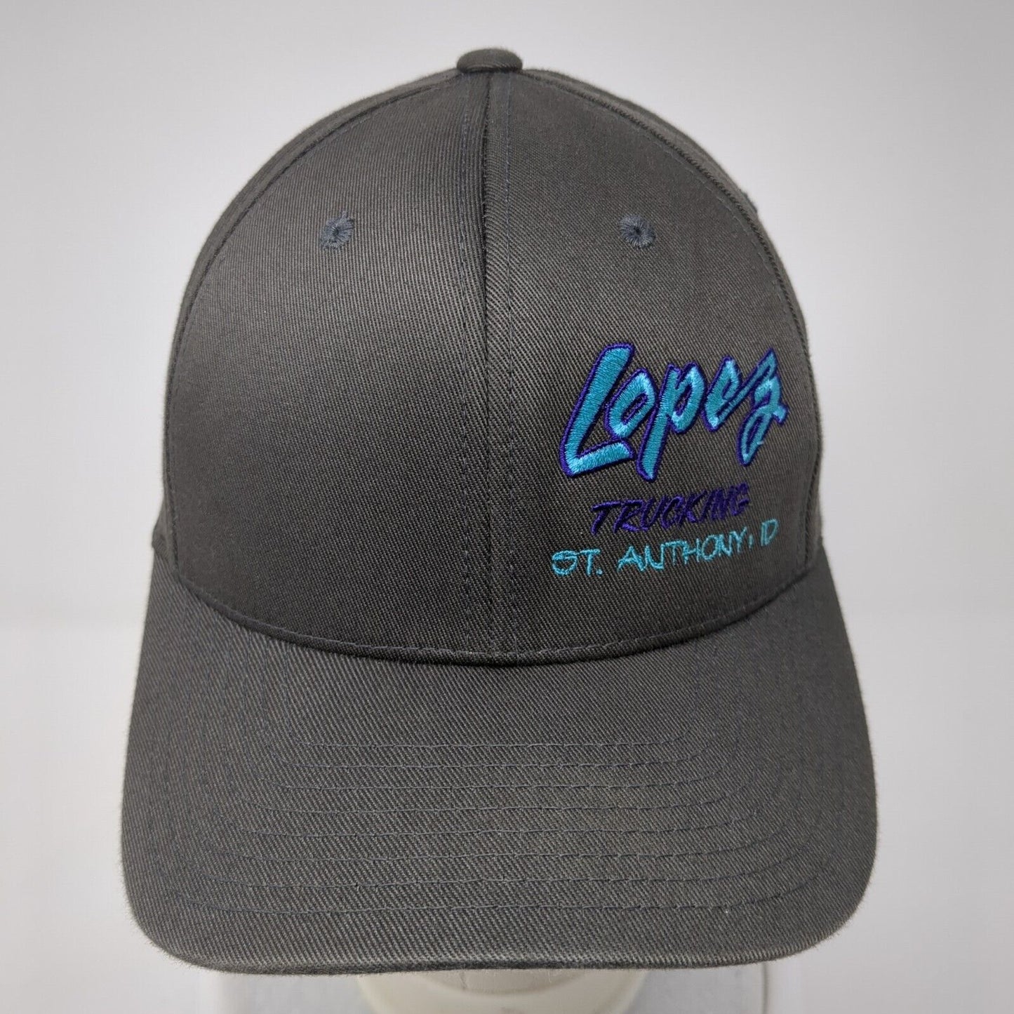 Lopez Trucking St. Anthony ID Fitted Hat Gray S/M Flexfit Embroidered