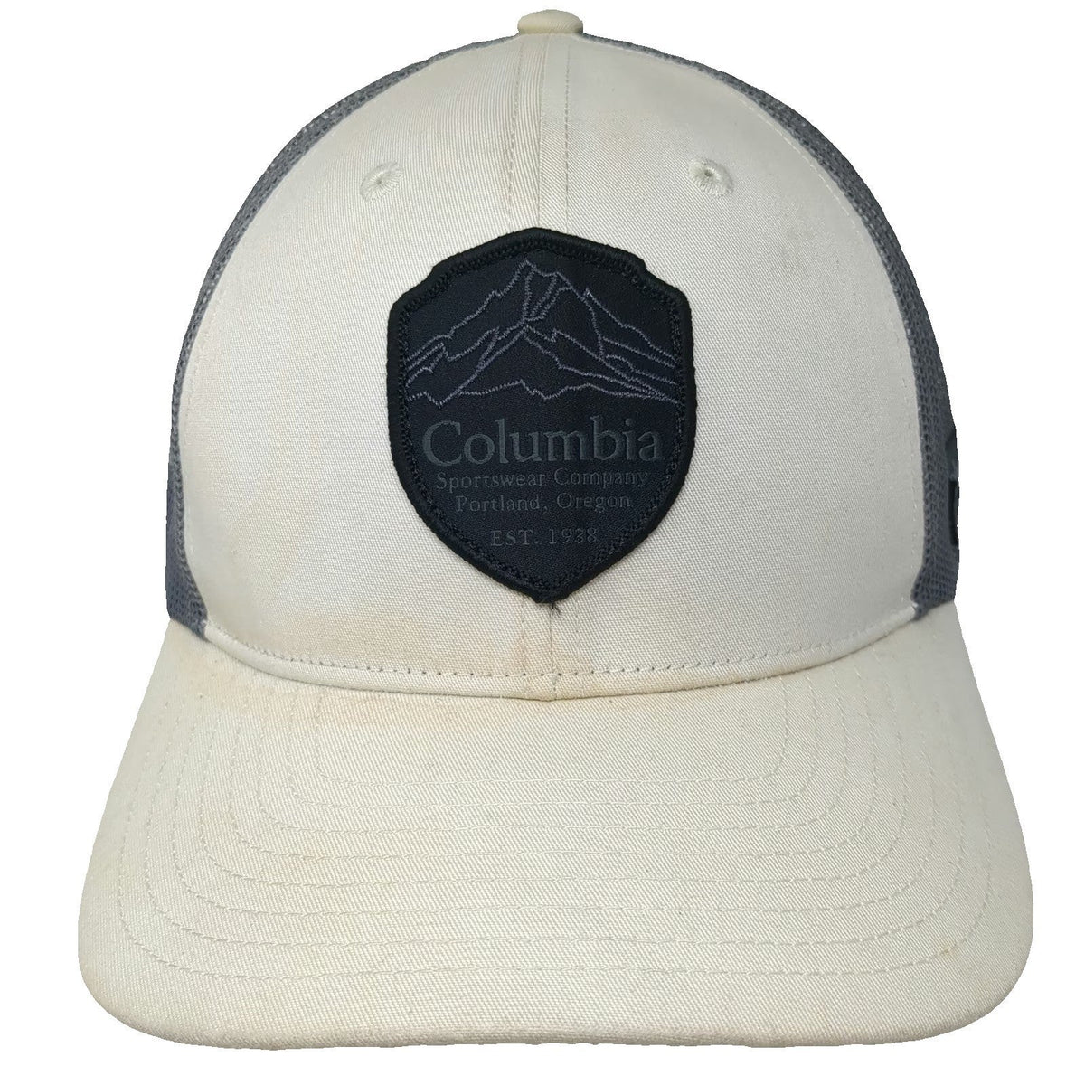 Columbia Trucker Hat Beige Gray One Size Snapback Mesh Shield Patch Portland OR