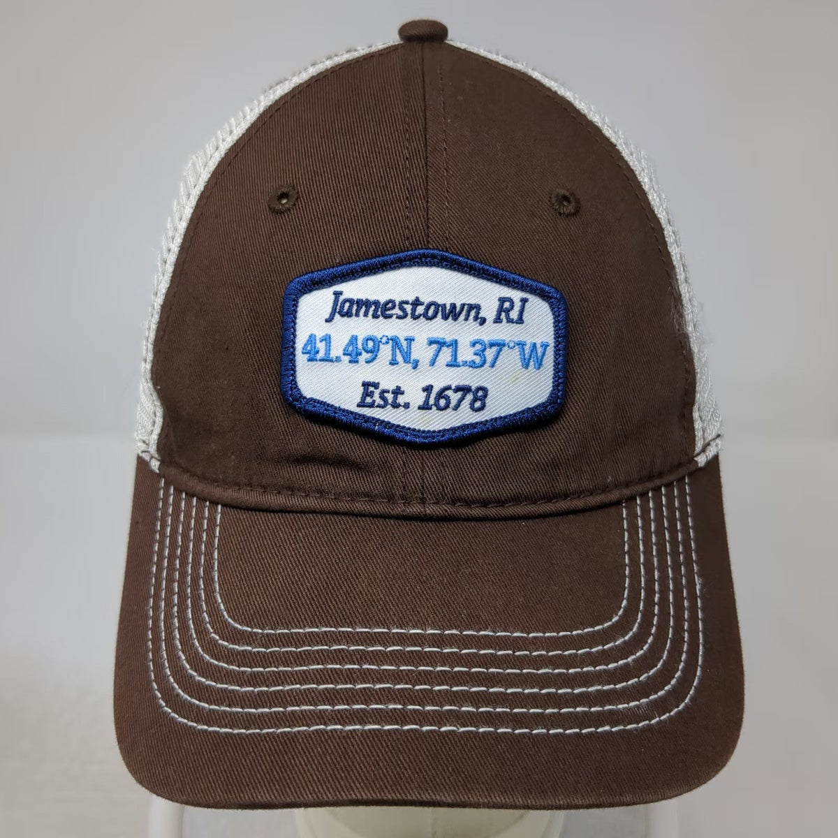 District Baseball Cap Brown OSFM Mesh Back Patch Jamestown RI Coordinates Hat