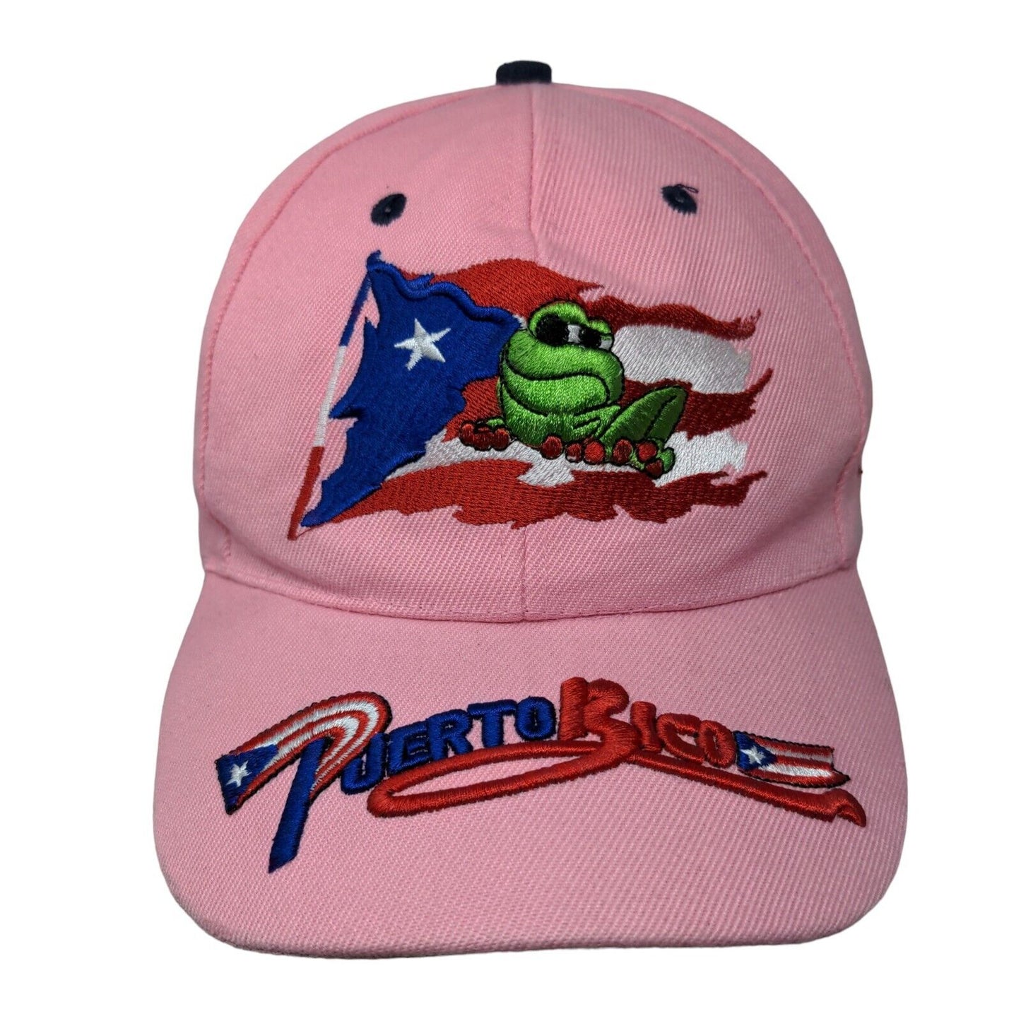 Puerto Rico Flag Frog Strapback Hat Pink OSFA Embroidered Adjustable