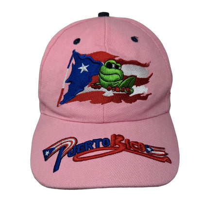 Puerto Rico Flag Frog Strapback Hat Pink OSFA Embroidered Adjustable