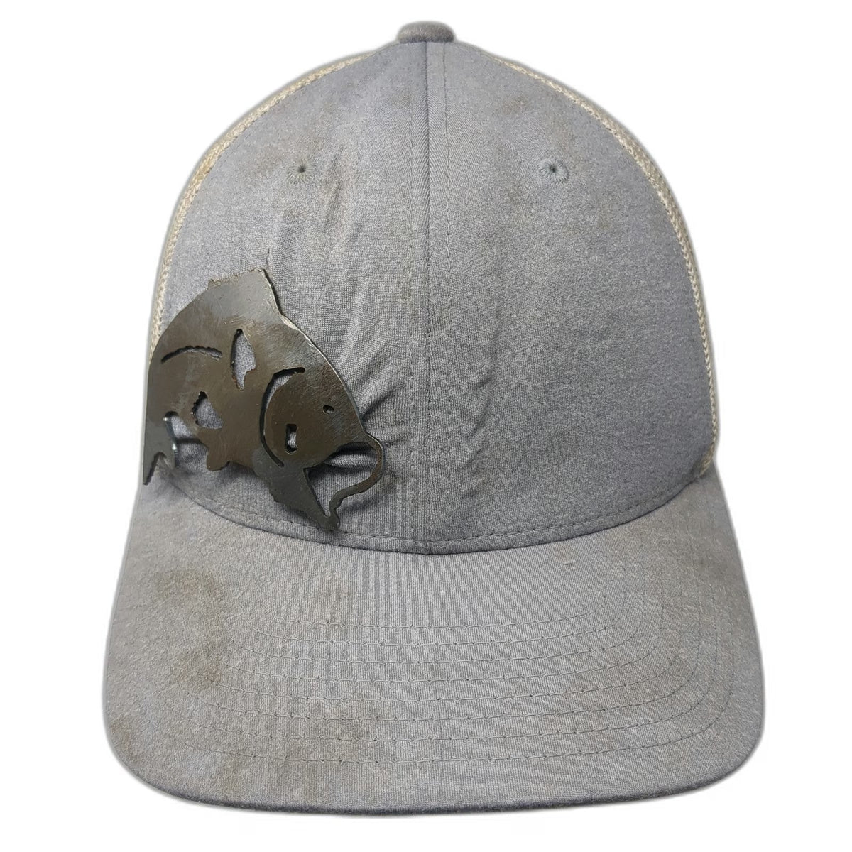 Flexfit Yupoong Baseball Cap Gray One Size Mesh Back Metal Fish Stretch Fit Hat
