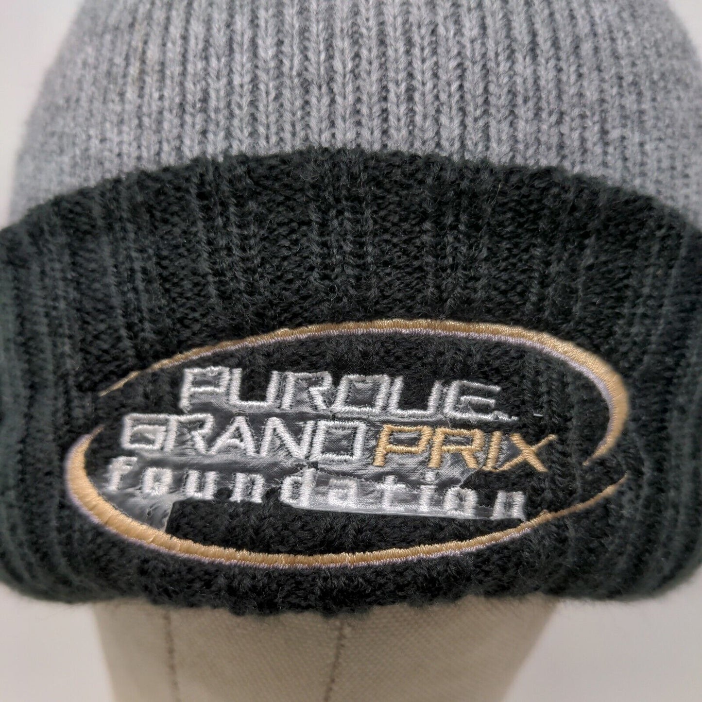 New Era Mens Knit Beanie Hat Gray Black Embroidered Purdue Grand Prix Foundation