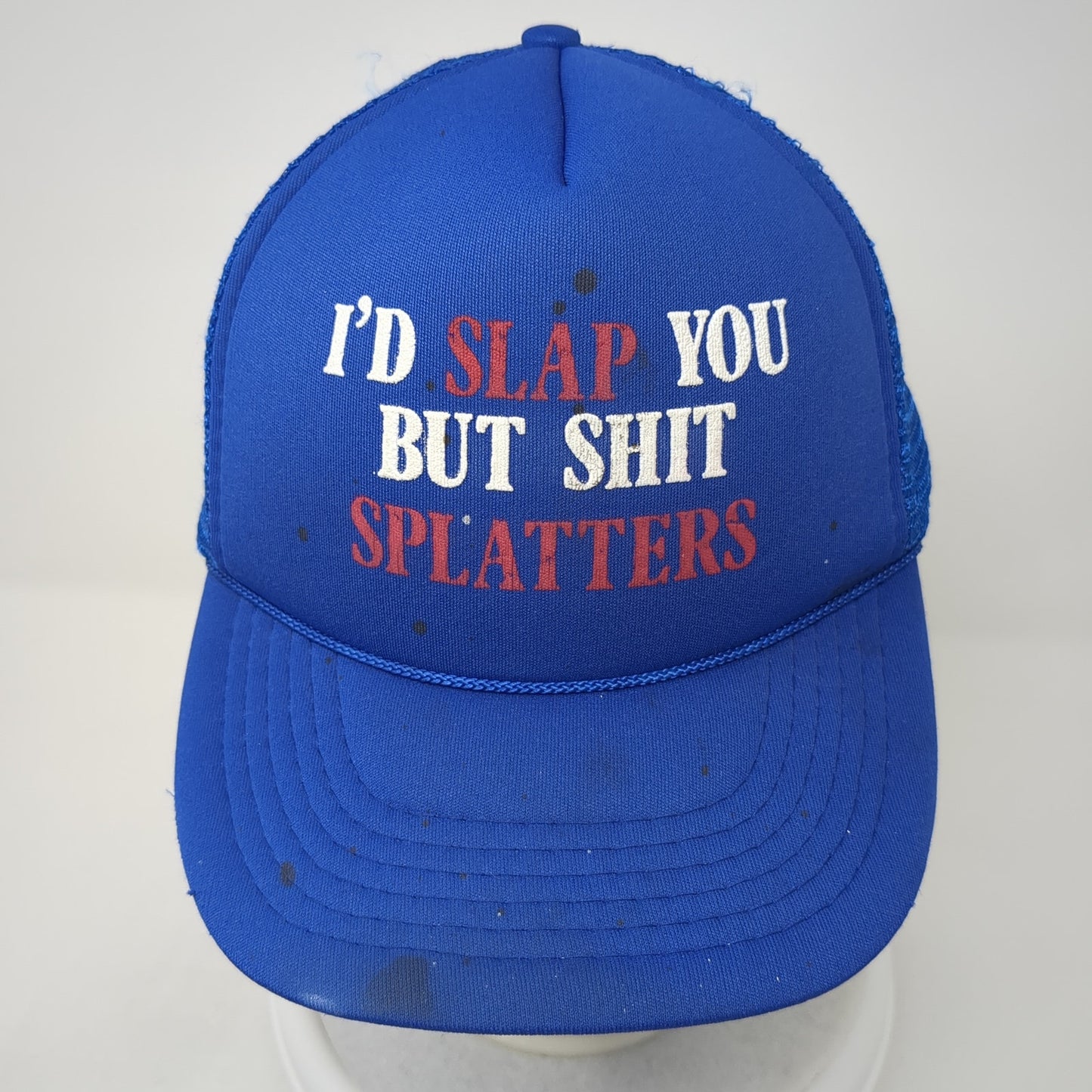 I'd Slap You But S*** Splatters Trucker Hat Blue One Size Adjustable Mesh Back