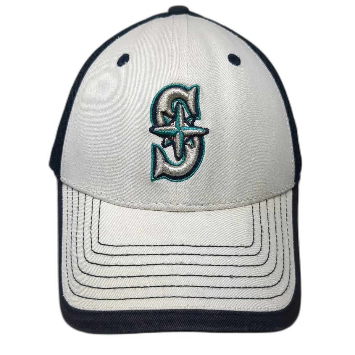 Seattle Mariners MLB New Era Baseball Cap White Blue L Mesh Back Stretch Fit Hat