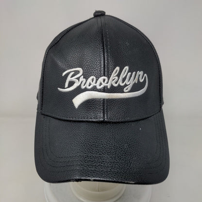 Brooklyn Slideback Hat Black OS Adjustable Faux Leather Embroidered 6 Panel