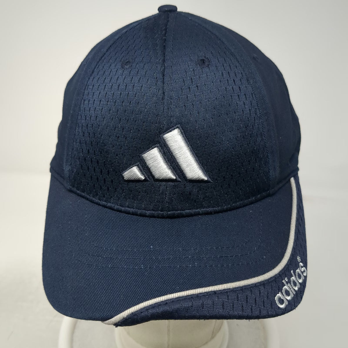 Adidas Baseball Cap Blue White 7 1/4 Fitted Hat Mesh Logo Curved Brim Piping