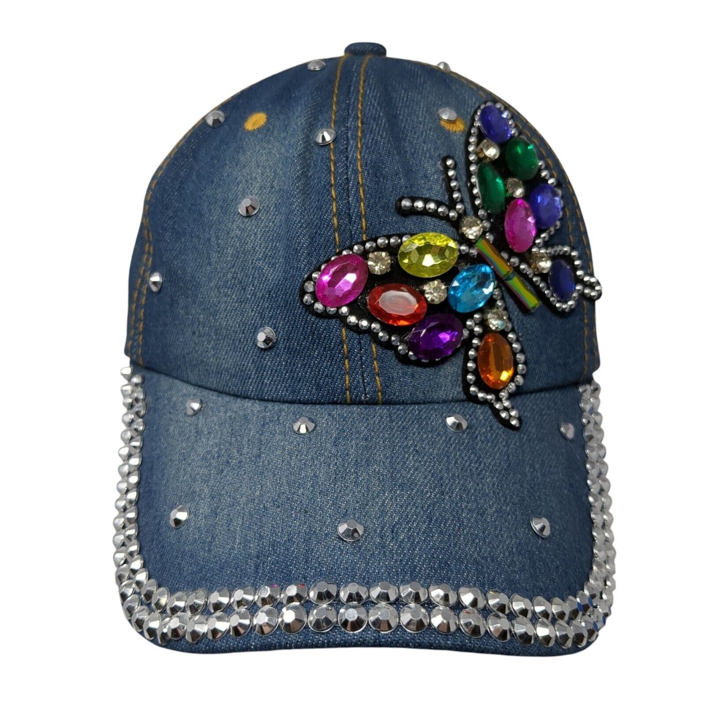 Bedazzled Butterfly Slideback Hat Blue OS Adjustable Rhinestone Beaded Denim