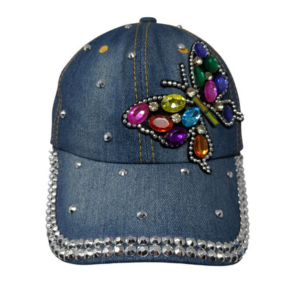 Bedazzled Butterfly Slideback Hat Blue OS Adjustable Rhinestone Beaded Denim