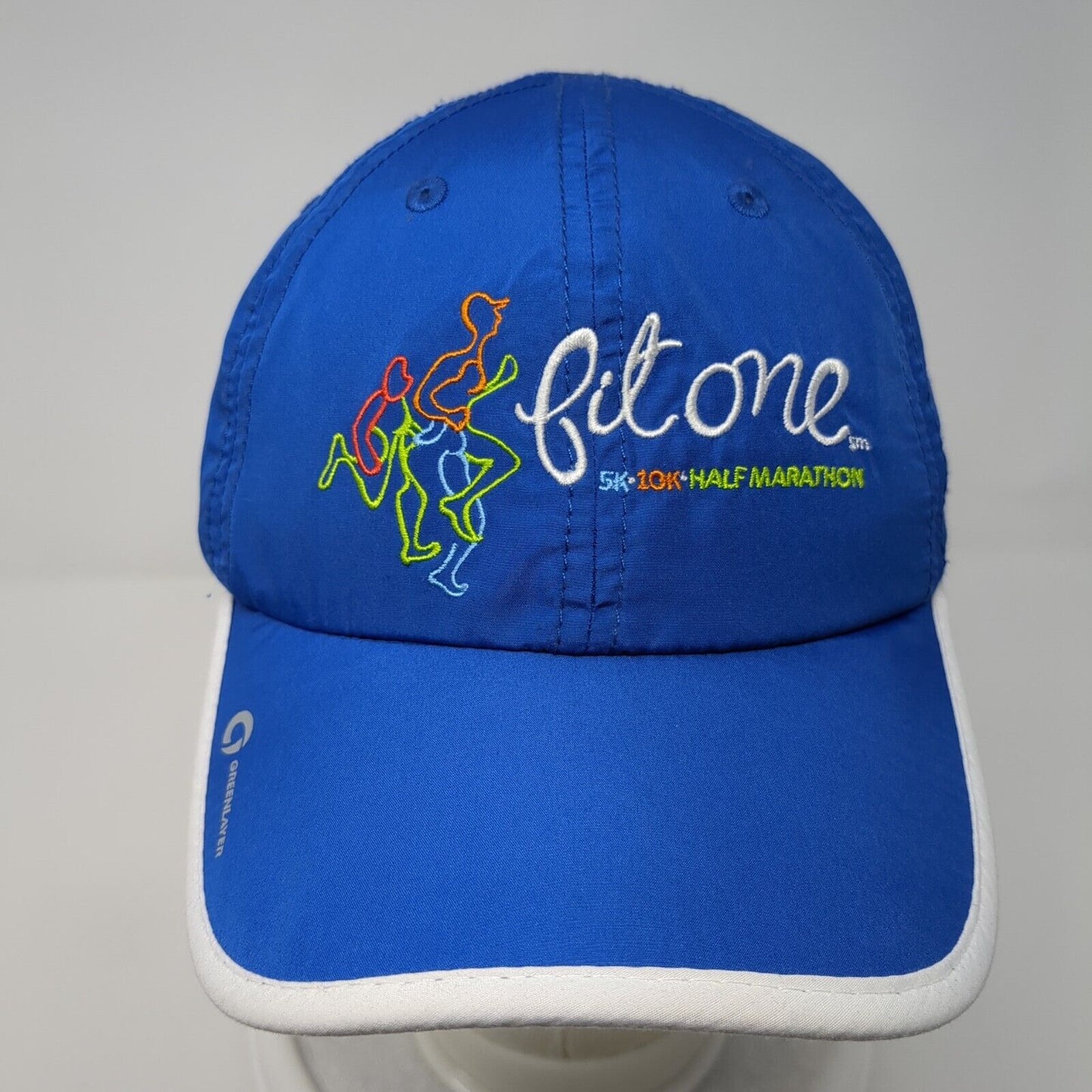 Fit One 5K 10K Half Marathon Greenlayer Strapback Running Cap Blue OS Adjustable