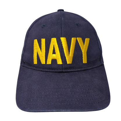 NAVY Strapback Hat Blue One Size Adjustable Embroidered Vented Holes 6 Panel