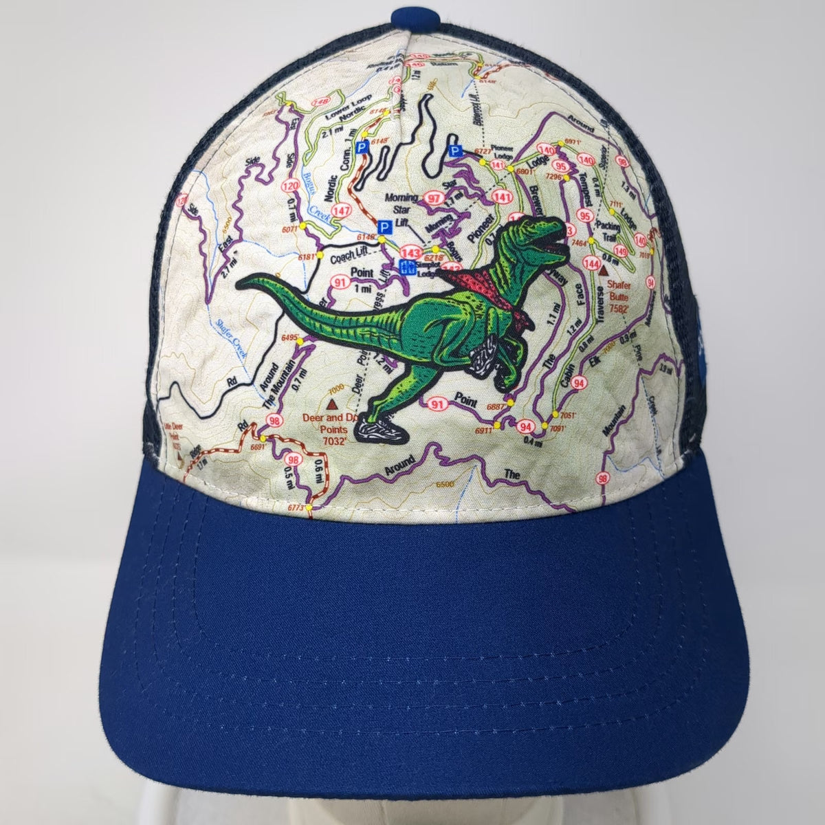 Boco Gear Trucker Hat Blue One Size Map Dinosaur T-Rex Boise Idaho Running Mesh