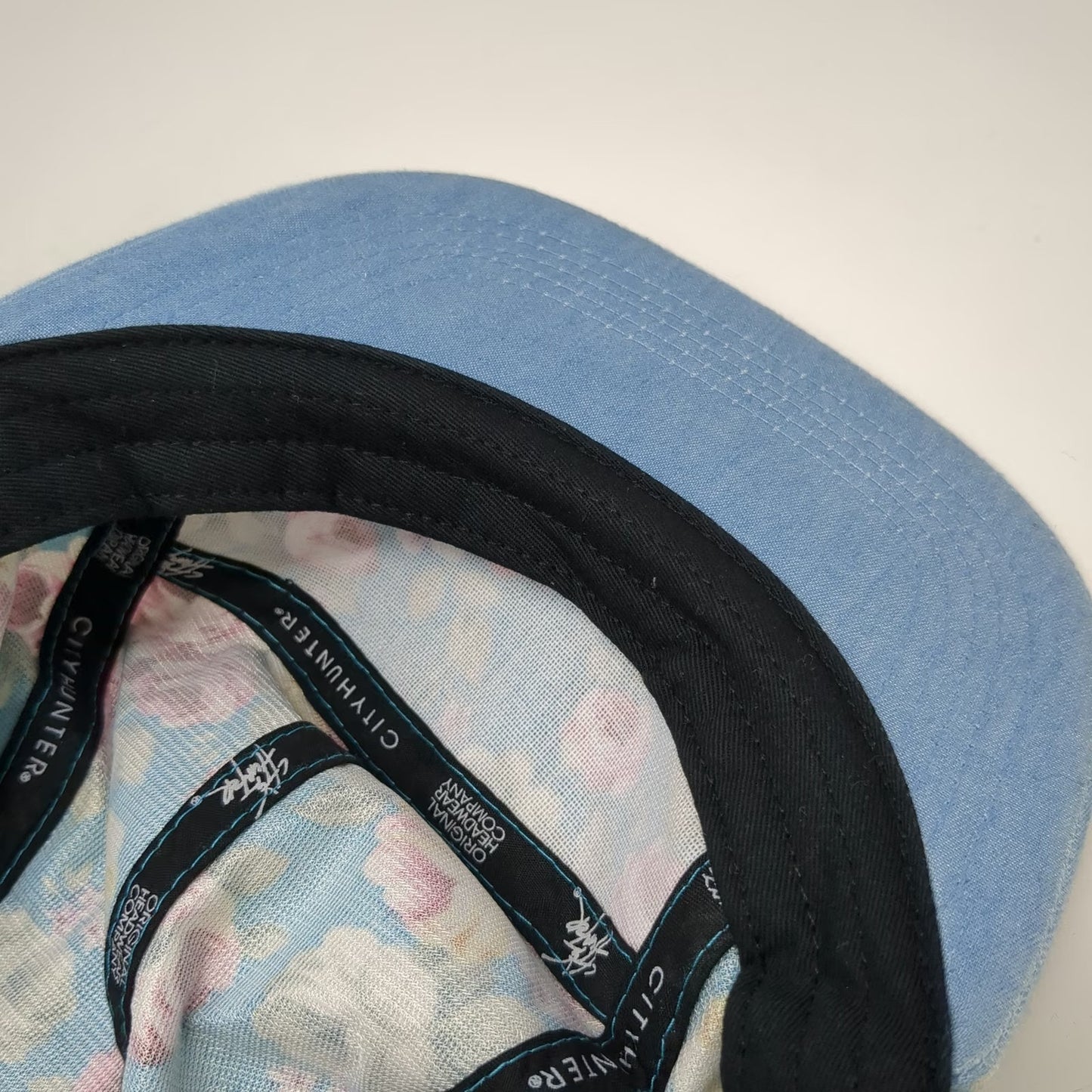 City Hunter 5 Panel Blue Floral Hat Denim Brim One Size Strapback Cotton NY Logo
