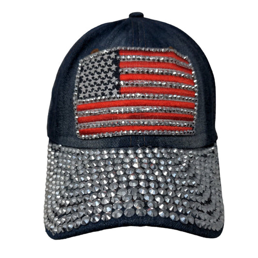 American Flag Studded Bling Slideback Hat Blue OSFA Denim Nollia