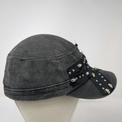 Army Cap Gray One Size Skull Studded Pentagram Silver Metal Charms Slideback Hat